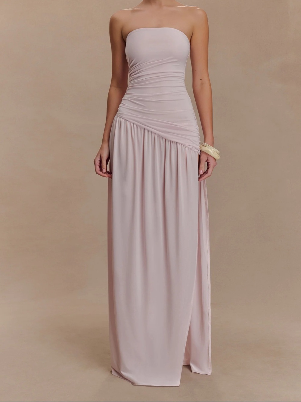 MESHKI Strapless Slinky Maxi Dress With Split - Pale Pink